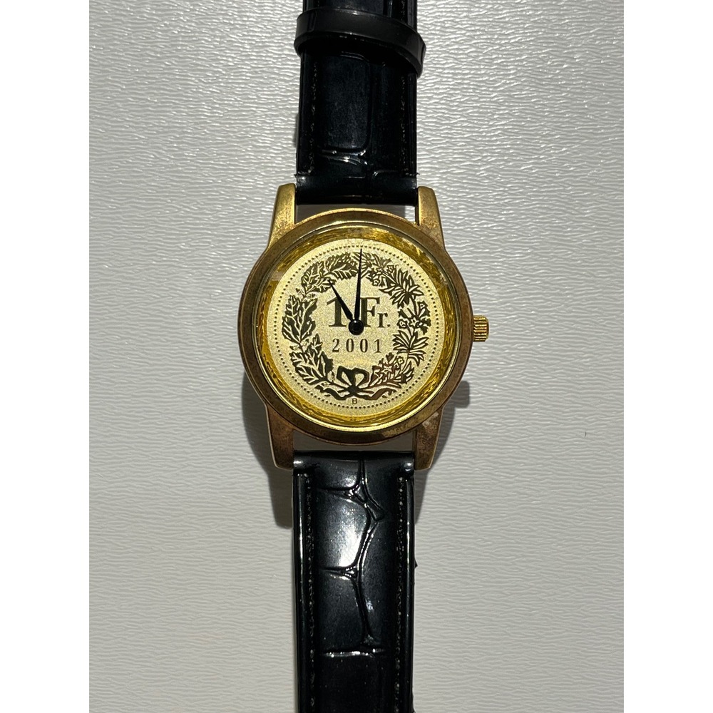 GHW of Switzerland 2001 1 Fr. Gold Dial Swiss Movt Black Leather‎ Watch